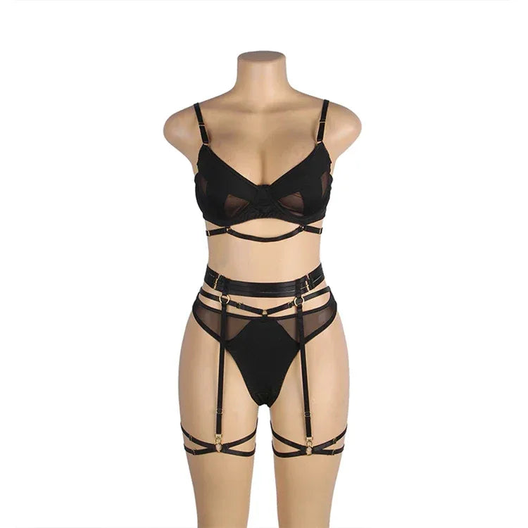Comeondear Women Suspender Elastic Strap Intimate Underwear Black Plus Size Lingerie Belt Briefs Sexual Mesh Garter Bra Panties