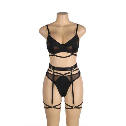 Comeondear Women Suspender Elastic Strap Intimate Underwear Black Plus Size Lingerie Belt Briefs Sexual Mesh Garter Bra Panties