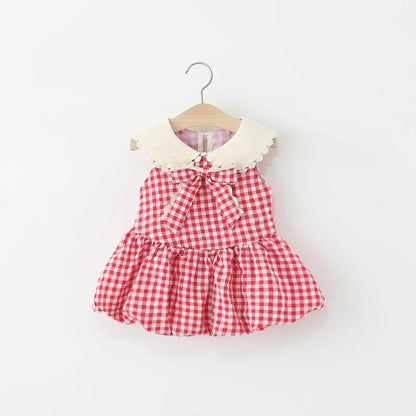 Girls Dresses Summer Cotton Red Checkered Bow Sleeveless Baby Girl Dress Cartoon Casual Beach Baby Clothing