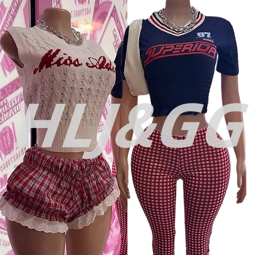HLJ&GG White Knit Letter Fashion Y2K Outfits Women O Neck Sleeveless Slim Crop Top + Lace Plaid Shorts Two Piece Sets Streetwear
