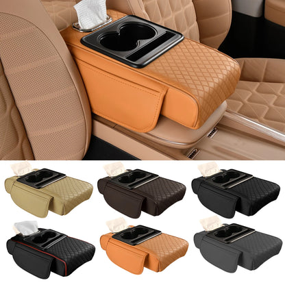 Car Armrest Box Heightening Cushion With Cup Holder Tissue Box Side Storage Pocket For Auto Interior Arm Rest Cover Height Pad