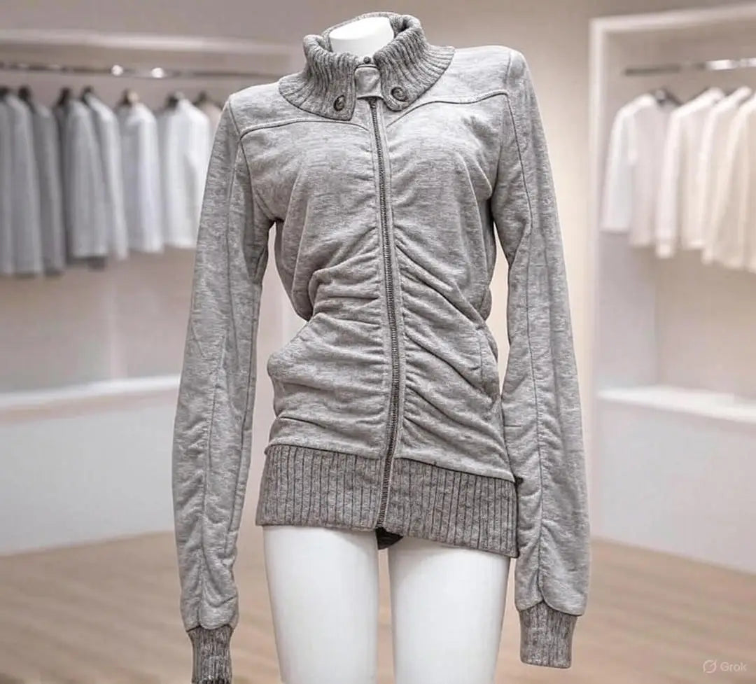 American Street Style Retro Pleated Turtleneck Zipper Hoodie Womens Grey Oversized Hoodie with Ribbed Cuffs Y2K Style Jacket