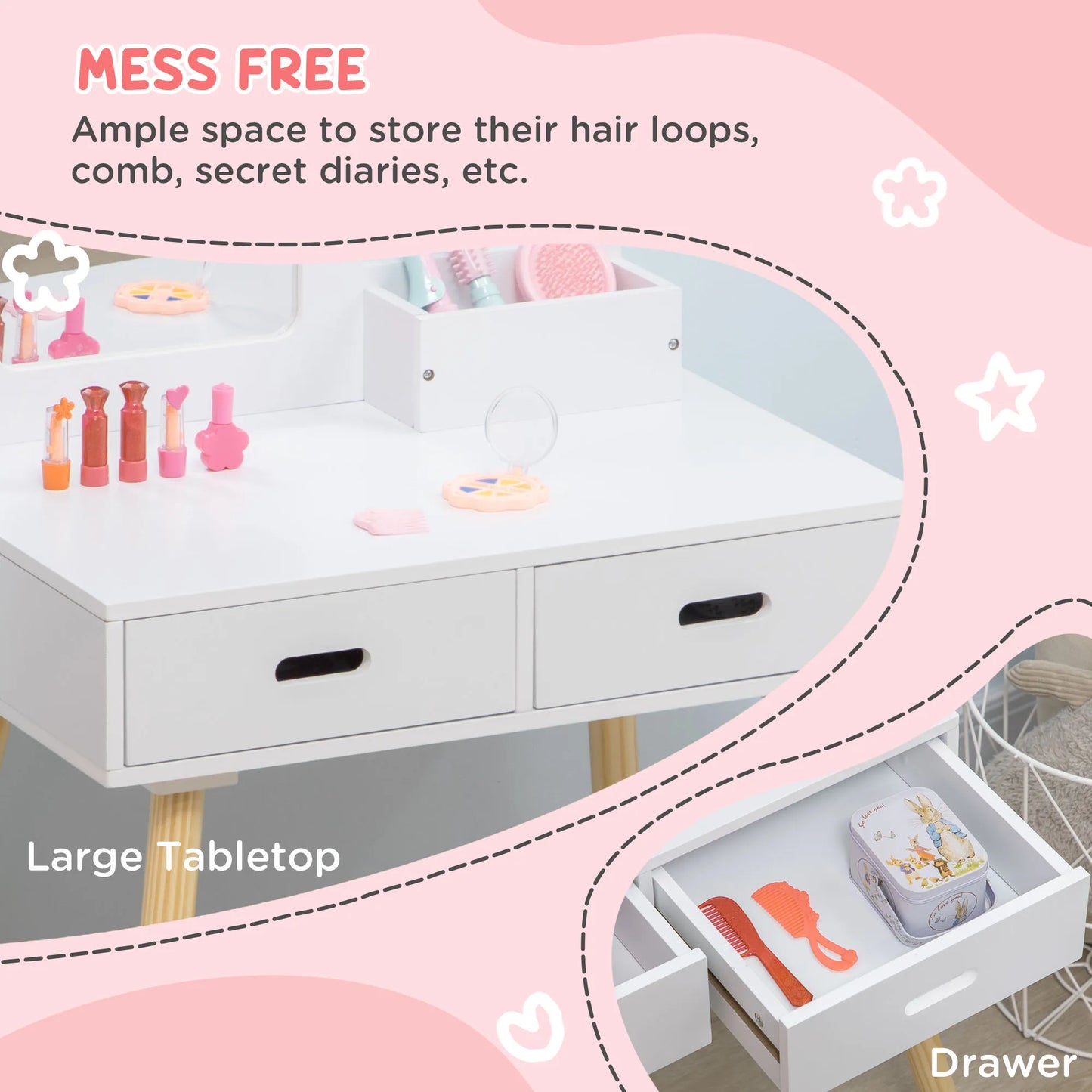 Zonekiz Dressing Table for Girls 3-6 Years Old with Stool and Mirror 60X40X95 cm White