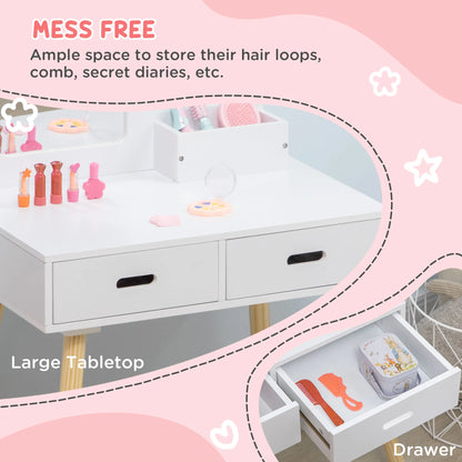 Zonekiz Dressing Table for Girls 3-6 Years Old with Stool and Mirror 60X40X95 cm White