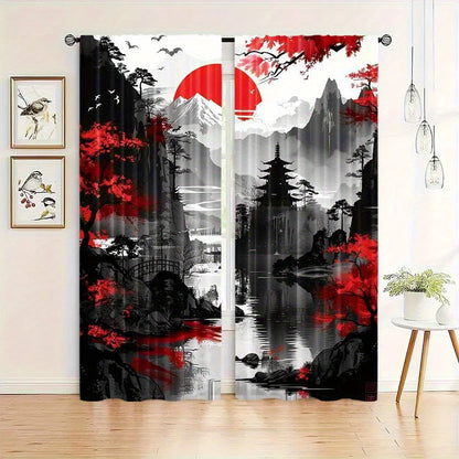 2pcs Blackout Curtain Set, Oriental Ink Landscape Design, Rod Pocket Polyester Panels, Contemporary Style, Machine Washable for