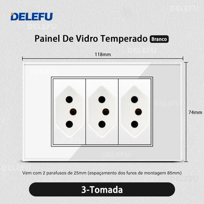 DELEFU 4*2 White Tempered Glass Brazil Standard Outlet with Double USB Type C Wall Power Socket Smart Switch Tuya Wifi 10A 20A