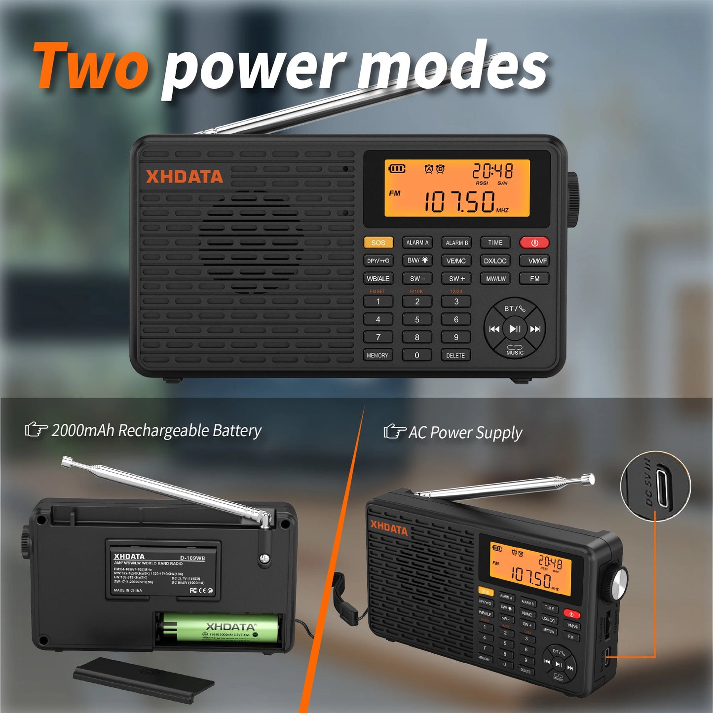 XHDATA D-109WB AM FM Stereo SW MW LW Digital Alarm Clock Portable Radio With Rechargeable Battery USB-C and Weather Forecast