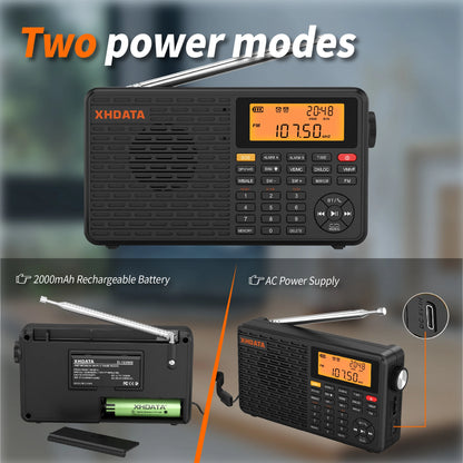 XHDATA D-109WB AM FM Stereo SW MW LW Digital Alarm Clock Portable Radio With Rechargeable Battery USB-C and Weather Forecast