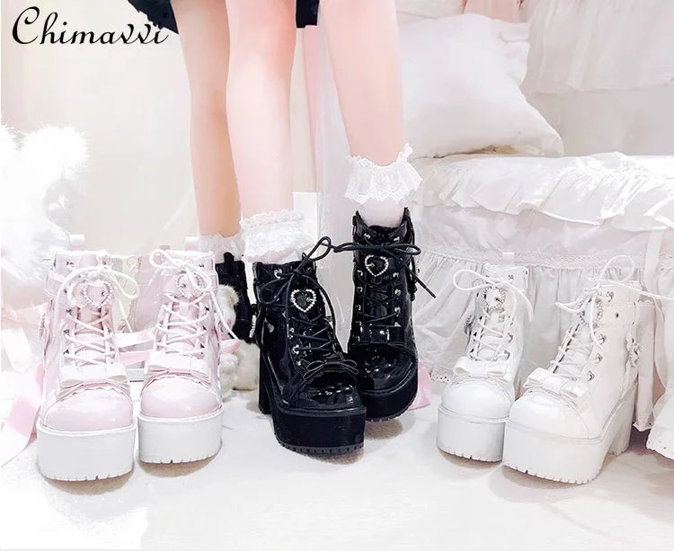 Japanese Mine Lolita Short Boots for Women Mass Production Love Rhinestone Buckle Bow Round Head Platform Boots Sweet Shoes