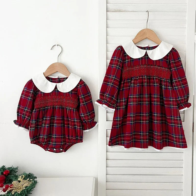 New Year's Party Clothes ﻿Christmas Toddler Kids Baby Girls Clothes Sister Matching Xmas Bodysuit Dress Outfits Red Plaids Sets