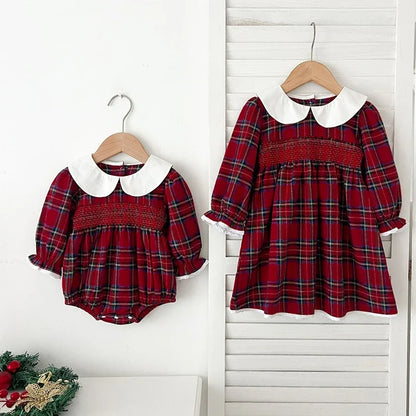 New Year's Party Clothes ﻿Christmas Toddler Kids Baby Girls Clothes Sister Matching Xmas Bodysuit Dress Outfits Red Plaids Sets