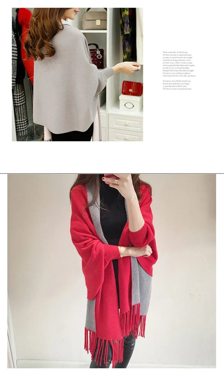 Autumn Winter Tassel Long Sweater Cardigans Casual Korean Long Sleeve Cloak Patchwork Knitwear Coats Outwaer LMFS-LM-8015