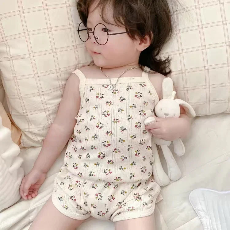Baby Clothes Sets Summer Toddler Girl Strap Suits Cotton Printing Baby Boy Tops Tee and Shorts Infant Tracksuit Newborn Sets