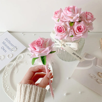 10pcs/set Simulated Rose Shaped Ballpoint Pen Valentine's Day Desktop Decoration Supplies Student Writing Supplies Set