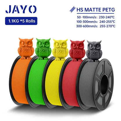 JAYO PETG 3D Filament 1.75MM High Speed PETG 3D Printer Filament 5Rolls High Flow Speedy Matte Effect 3D Printing Mateials