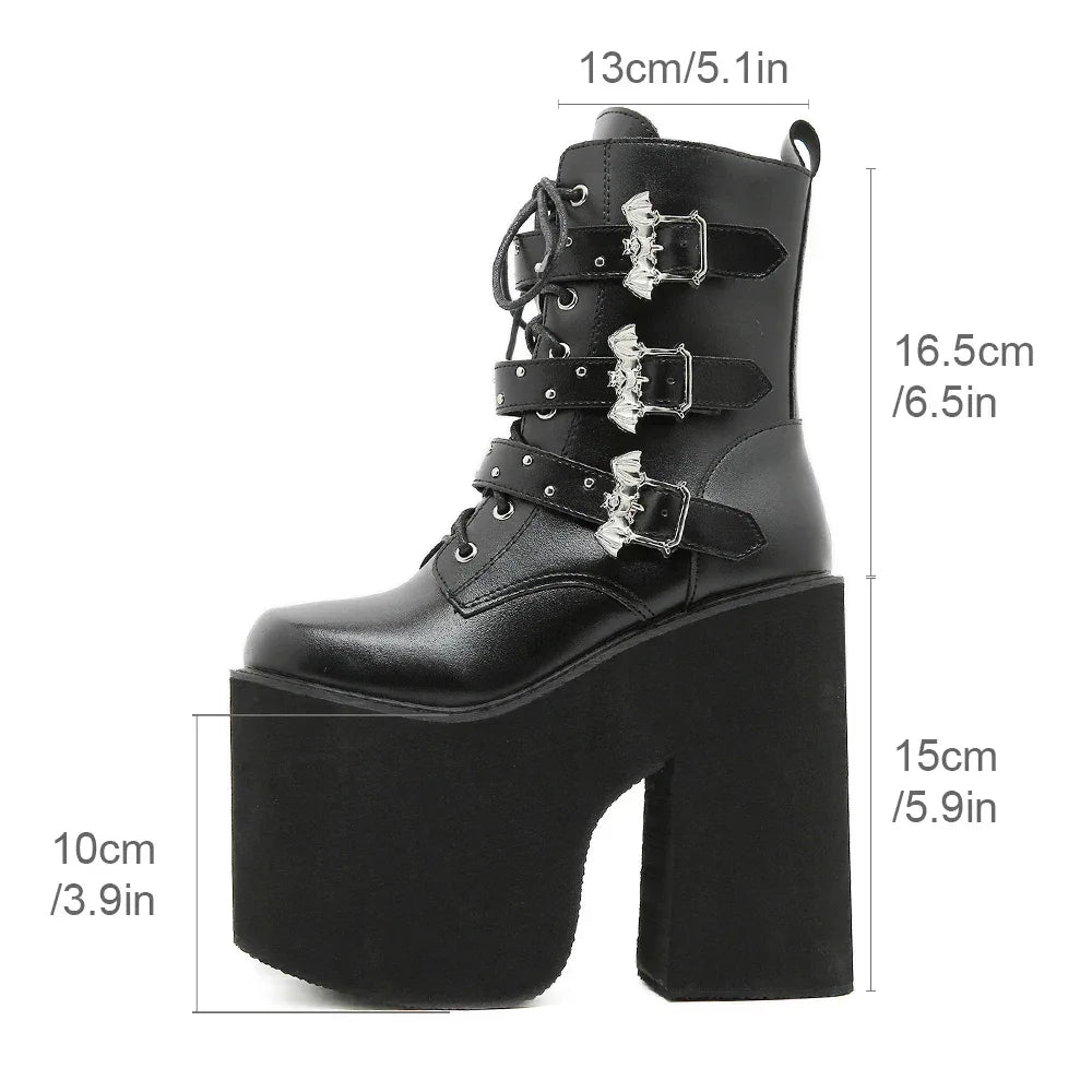 Gdgydh Lace up Chunky Heel Mid Calf Booties for Women Block High Heel Platform Combat Boots Gothic Metal Bat Gothic Shoes