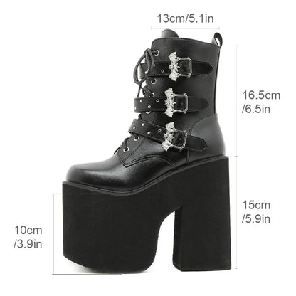 Gdgydh Lace up Chunky Heel Mid Calf Booties for Women Block High Heel Platform Combat Boots Gothic Metal Bat Gothic Shoes