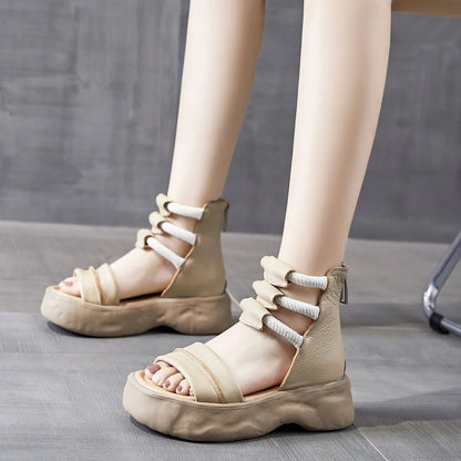 Koznoy 8cm Natural Genuine Leather Sandals Boots Flats Platform Wedge Summer Women Hollow Pumps Peep Toe Booties Mary Jane Shoes