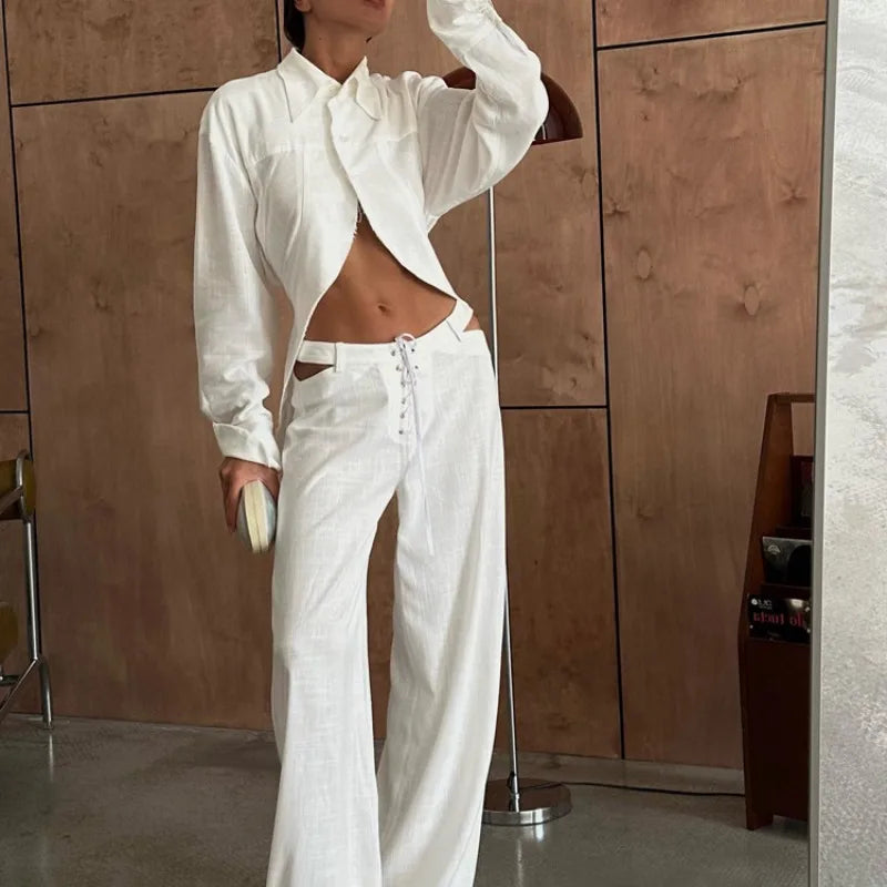 INS Loose Tracksuit Elegant Women Trousres Set Y2K Outfits Long Sleeve Irregular Blouse Top Lace Up Wide Leg Pants Two Piece Set