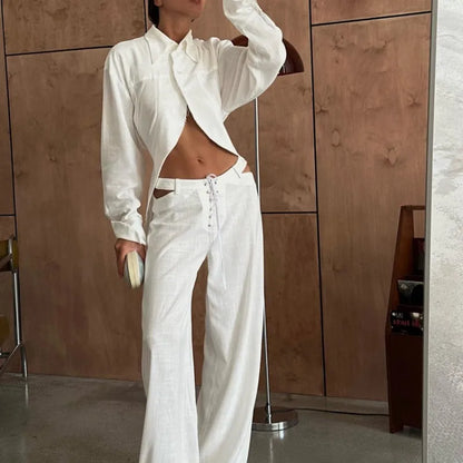 INS Loose Tracksuit Elegant Women Trousres Set Y2K Outfits Long Sleeve Irregular Blouse Top Lace Up Wide Leg Pants Two Piece Set