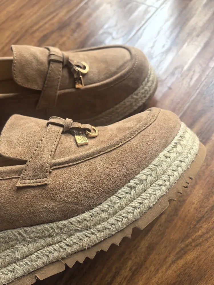 MKKHOU Fashion Loafers New High Quality Real Leather Suede Vintage Straw Braid Platform Shoes Daily Casual Light Shoes Neutral