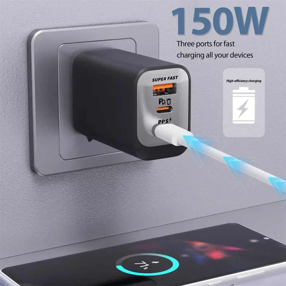Multi Ports USB Type C Fast Charger 150W Super Charging Wall EU/US/UK Plug Charger Quick Charge3.0 USB Adapter PD3.0 Charge Head