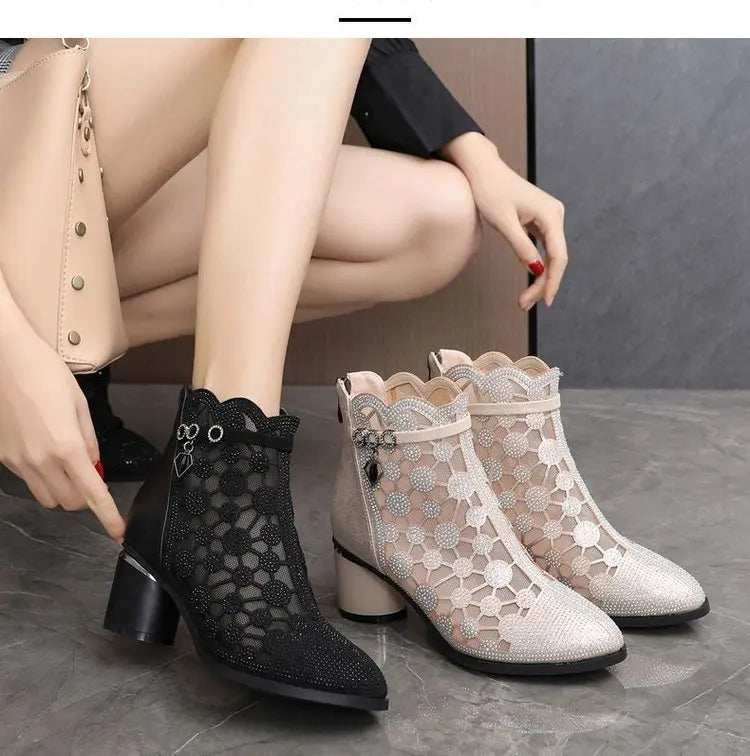2025 Spring Summer Fashion Rhinestones Gauze Sandals Thick Heels Mesh Autumn Ankle Boots Female Hollow Women's Shoes