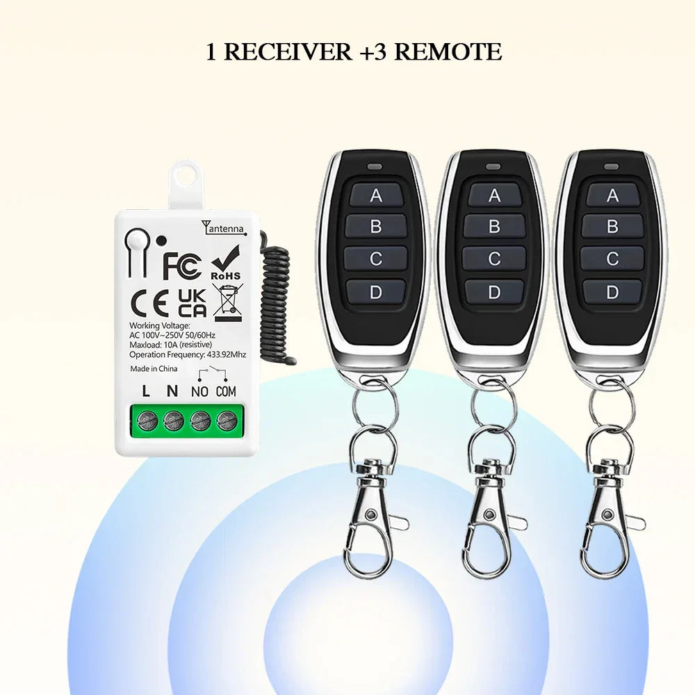 RF433MHz Dry Contact Wireless Remote Control Light Switch AC110V 220V 10A Mini Relay Module for Garage Control Lock LED DIY Lamp
