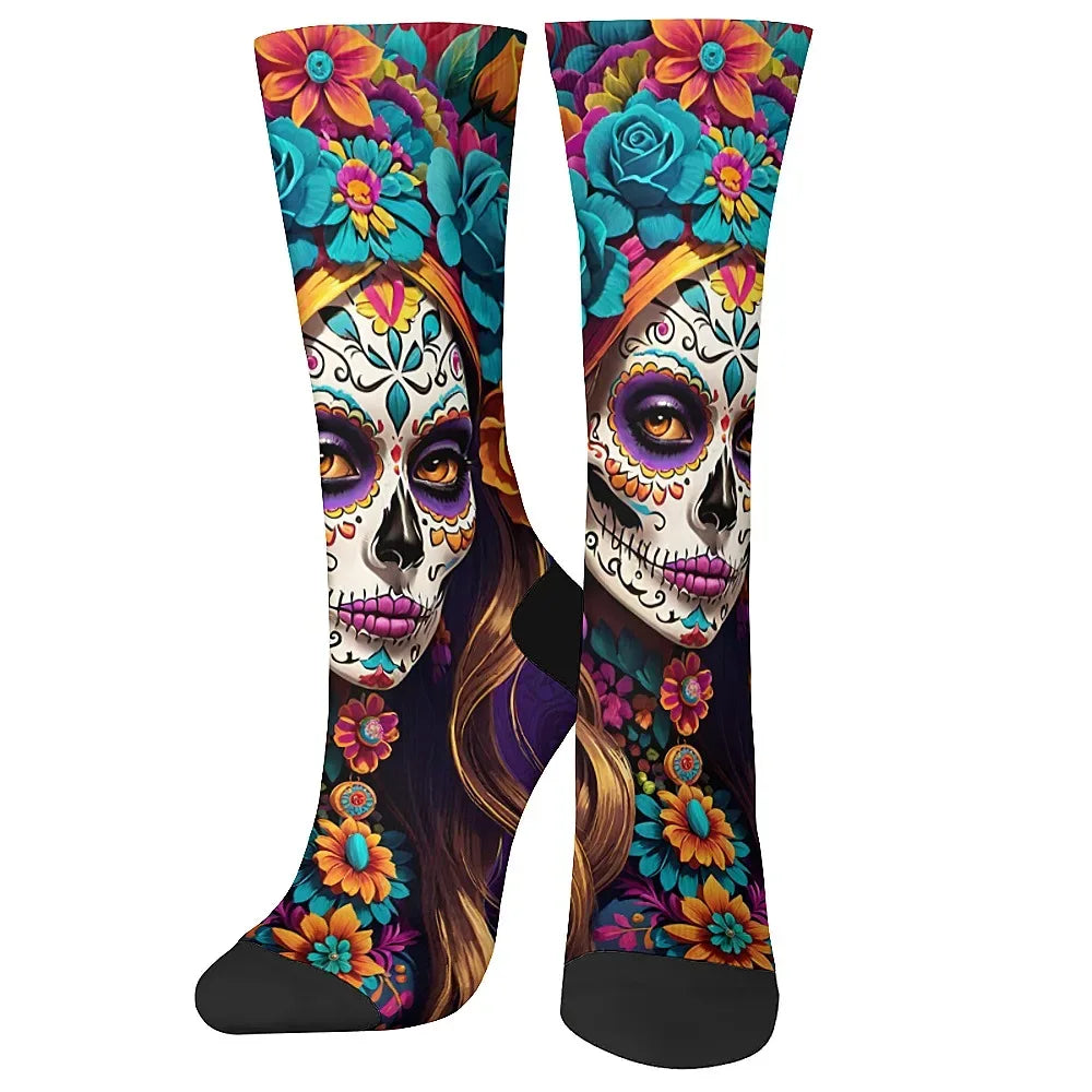 Mens Art Day of the Dead Themed Socks Mexican Grim Reaper Vintage Floral Design Soft Breathable Crew Socks Novelty Holiday Gift