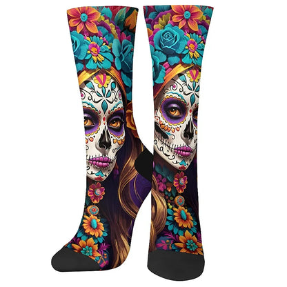 Mens Art Day of the Dead Themed Socks Mexican Grim Reaper Vintage Floral Design Soft Breathable Crew Socks Novelty Holiday Gift
