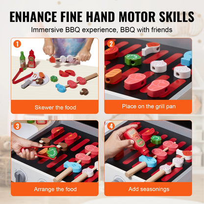 SucceBuy Simulation Kitchen Barbecue Toys Wooden Grill Toy Set Montessori Pretend Play Food BBQ Toy Playset for Kids Girls Gifts