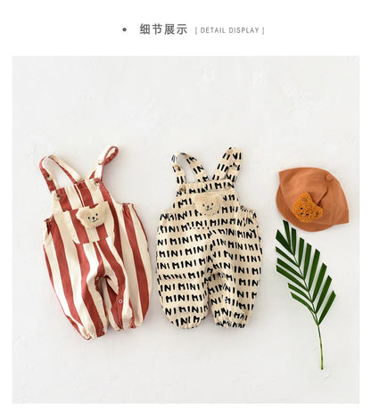 2026 Autumn New Stripe Infant Newborn Clothing Baby Boys Girl Straps Pants Overalls for 0-2Y Cartoon Bear One Piece Jumpsuit