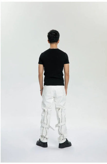 Mauroicardi Spring Autumn Cool Black Pu Leather Pants Men with Many Zippers Belt Luxury Designer Clothing Trousers Fashions 2023