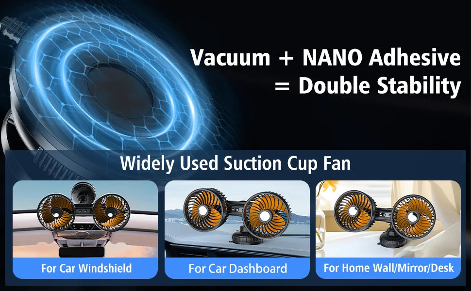 Eary Car Suction Cup Dual-Head Fan 12V/24V 360°Rotatable with 4000mAh Battery 3 Speed Wind Universal Electric for Truck Van Suv