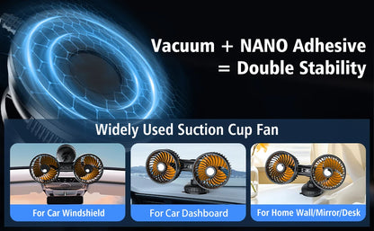 Eary Car Suction Cup Dual-Head Fan 12V/24V 360°Rotatable with 4000mAh Battery 3 Speed Wind Universal Electric for Truck Van Suv