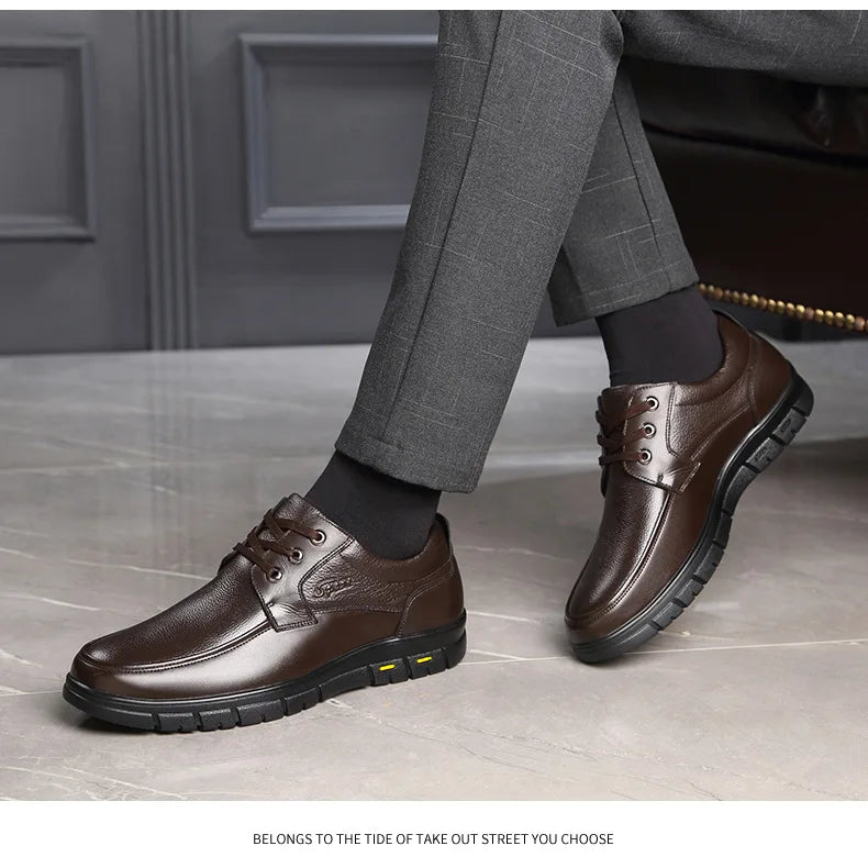 Autumn Men's Leather Shoes True Cowhide Flat Bottom Anti-Slip Plus Size Casual Elderly Father Shoes Rubber Sole China Made