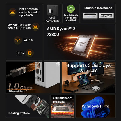 GenMachine AMD Ryzen 3 7330U DDR4 8G RAM 256G ROM Win 11 MINI PC 4 Core 8 Thread 3.6GHz TDP 15W WIFI6 Diy Gaming Pc Gamer