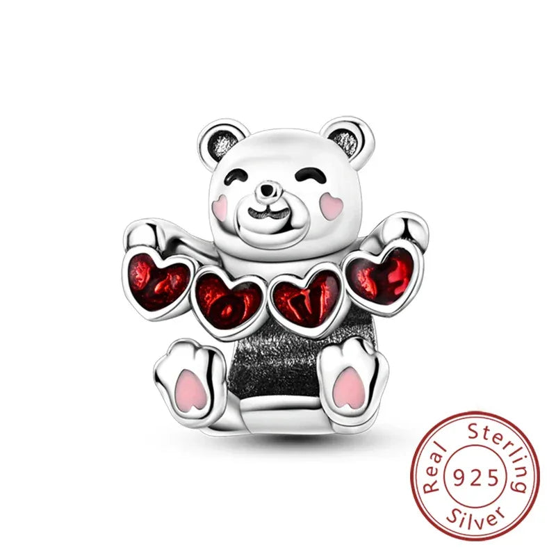 925 Silver Valentine's Day Charms Bead Sparkling Sweet Heart Rose Bear Charm Fit Original Bracelet Bangle Woman DIY Jewelry Gift