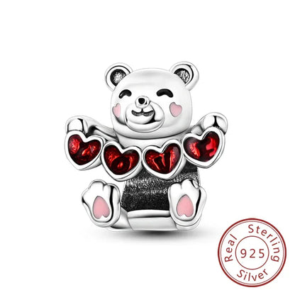 925 Silver Valentine's Day Charms Bead Sparkling Sweet Heart Rose Bear Charm Fit Original Bracelet Bangle Woman DIY Jewelry Gift
