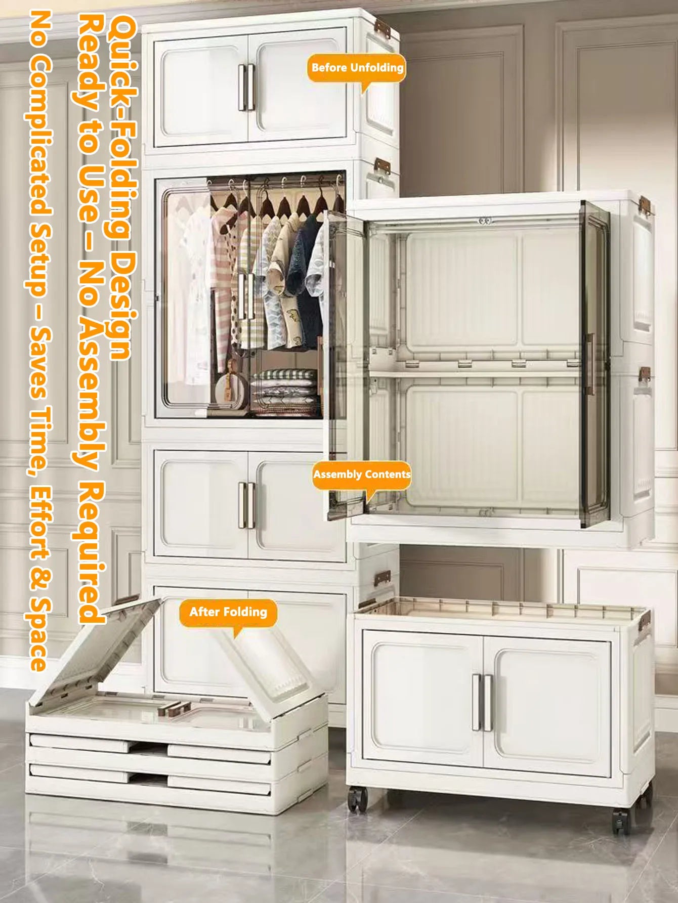 Multi-Functional Folding Storage Cabinet for Home Office Kitchen Bathroom Organizer with Doors White Black Gray