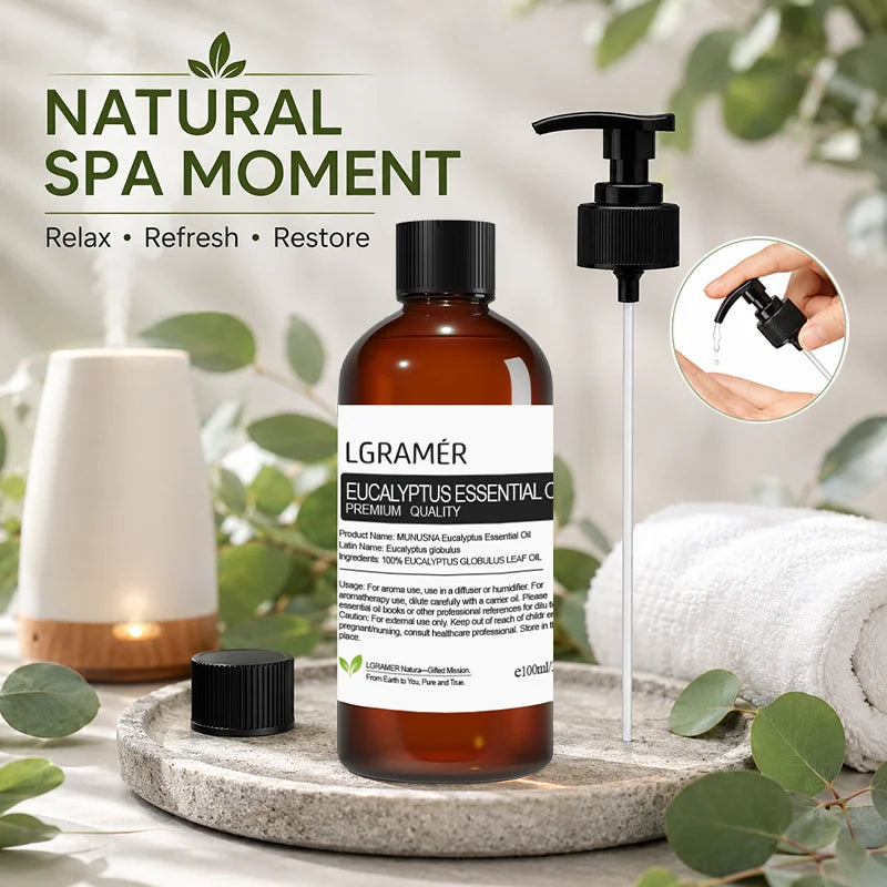 Natural Eucalyptus Essential Oil,Diffuser Friendly for Air Purify,Massage & Aromatherapy for Shower,Diffuser, Massage, with Pump