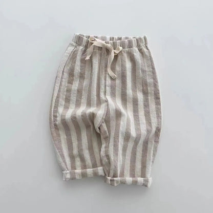 K230124 Unisex Baby Boys Girls Elastic Waist Striped Casual Pants Korean Style Infant Toddler Summer Trousers