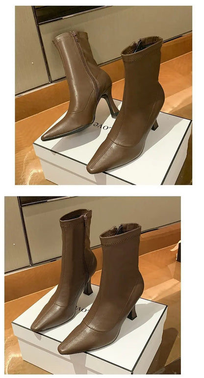 Women High Heel Short Leather Boots  New Boots Female Pointed Thin Heel Boots Ladies Ankle Short Boots Botas De Mujer 2024