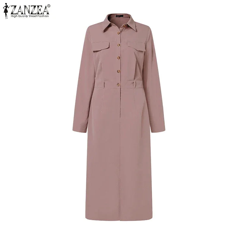 ZANZEA Women Lapel Long Sleeve Vestidos 2025 Spring Solid Work Dresses Casual Waisted No Belted Robe Office Lady Midi Spilt Robe
