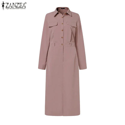 ZANZEA Women Lapel Long Sleeve Vestidos 2025 Spring Solid Work Dresses Casual Waisted No Belted Robe Office Lady Midi Spilt Robe