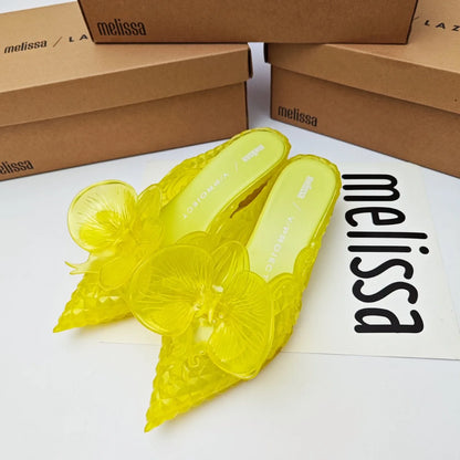 Design Big Butterfly Knot Melissa Women Flat Mules Sandals High Quality Cozy Patent Leather Pointed Toe Back Strap Shoes