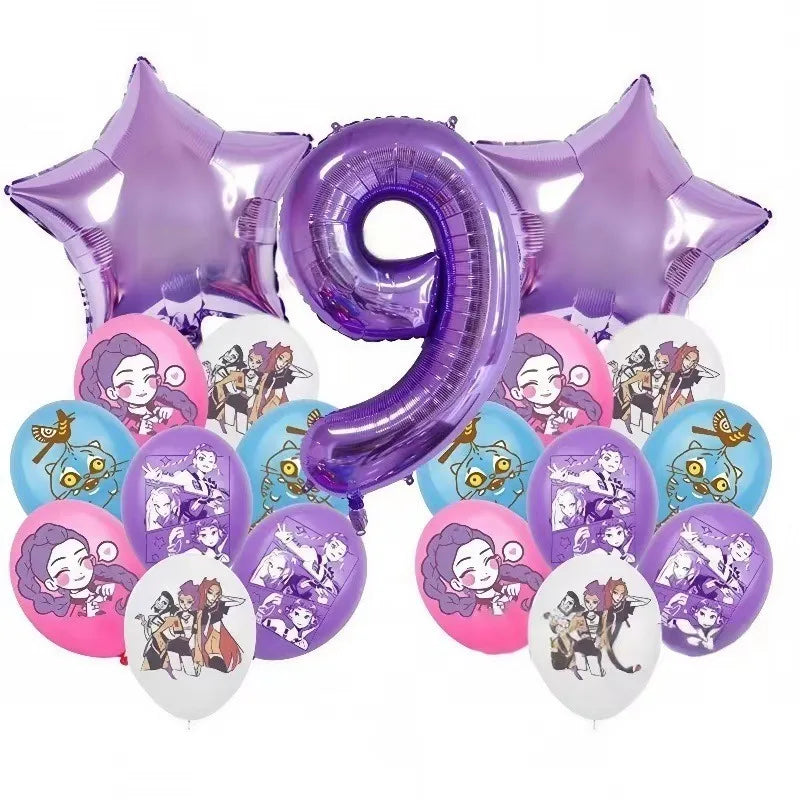 K P Foil Balloon Set Girl Group 1-9 Number & Purple Star Balloons Character Cake Toppers for Birthday Party & Photo Props