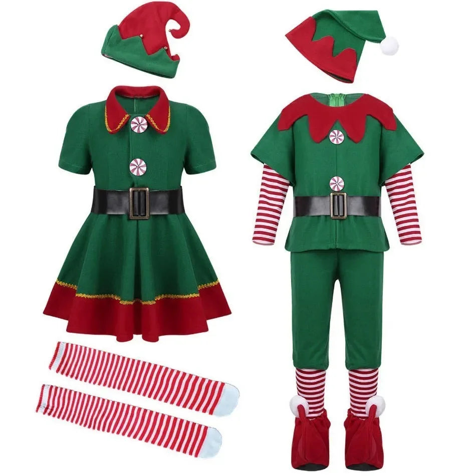 2024 Christmas Clothing Set Boy Girl Family Matching Outfit Kid Adult Santa Claus Cosplay Costume Hat Socks Pant Elf Clothes