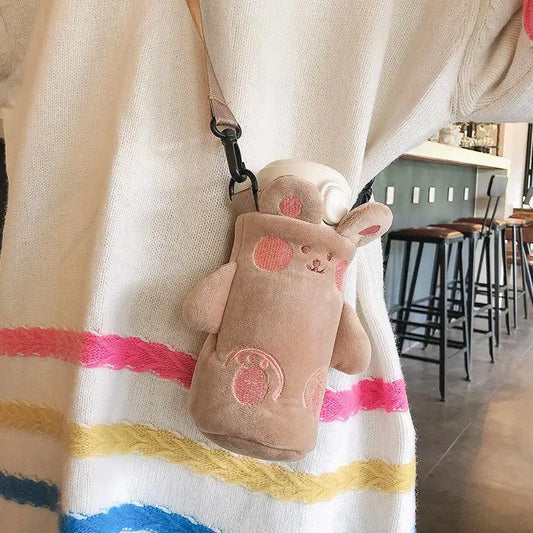 1Pcs Cartoon Plush Cup Holder With Crossbody Strap Portable Water Bottle Cover Cute Plush Insulated Bag Cup Pouch by PDG ibma