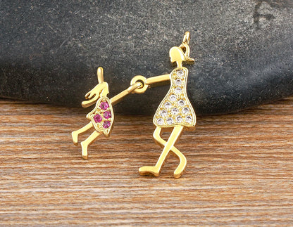 Nidin Exquisite Gold Plated Mom Daughter Necklace Girl Boy Pendant Chain Choker Cubic Zirconia Jewelry Mother's Day Gift